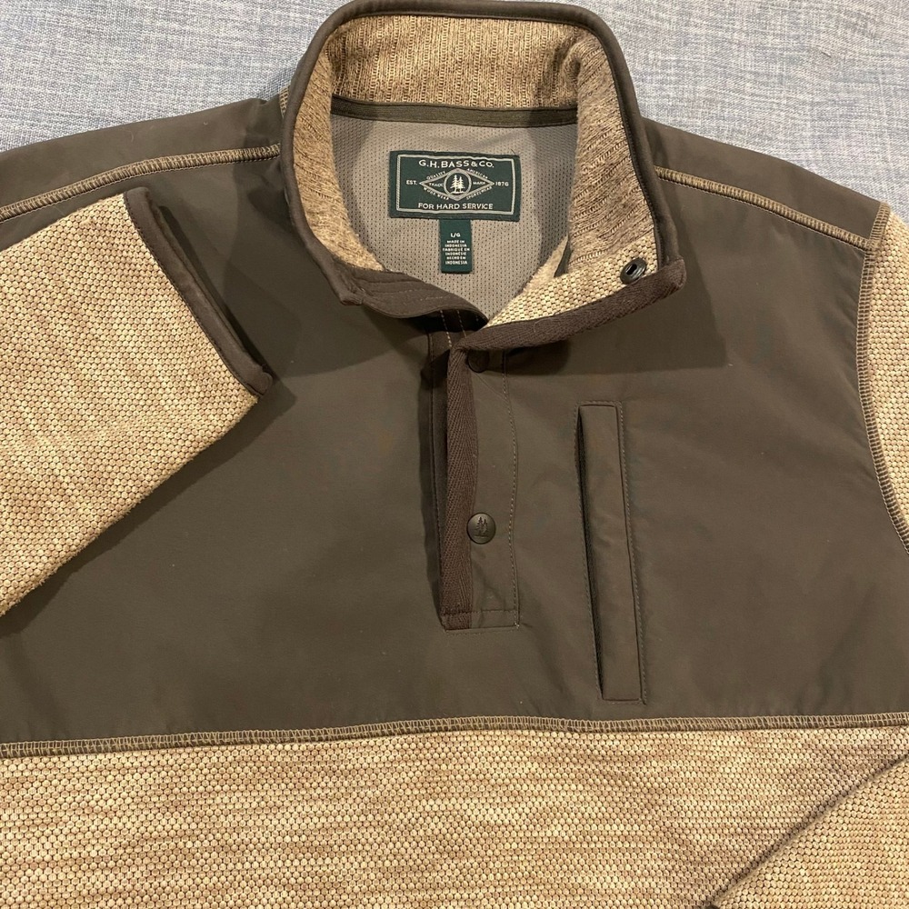 GH Bass & Co Mens Large Brown Waffle Knit Snap Quarter Pullover Workwear Jacket